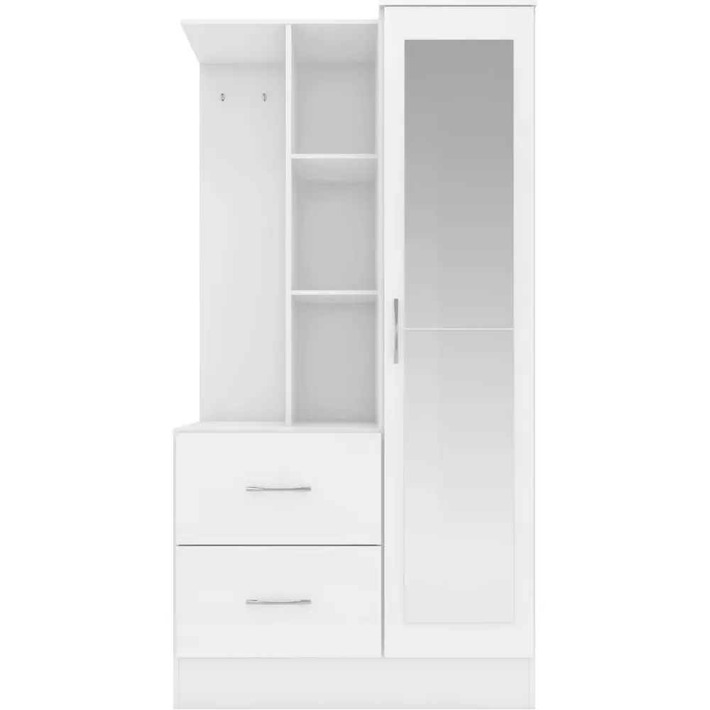 Nevada Single Door 2 Drawer Mirror Open Shelf Wardrobe - White