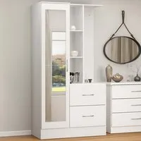 Nevada Single Door 2 Drawer Mirror Open Shelf Wardrobe - White