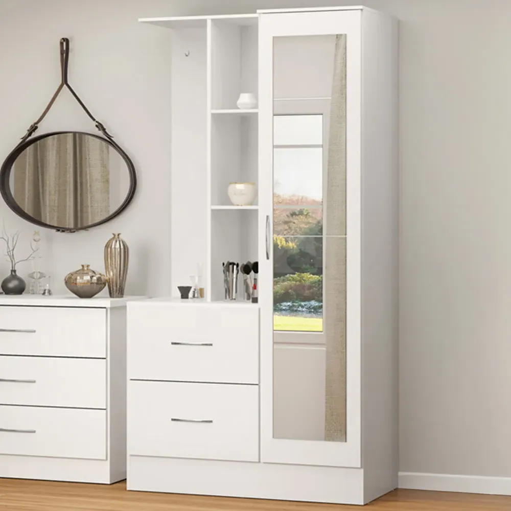 Nevada Single Door 2 Drawer Mirror Open Shelf Wardrobe - White