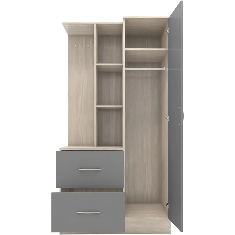 Nevada Single Door 2 Drawer Open Shelf Wardrobe - Grey, Oak