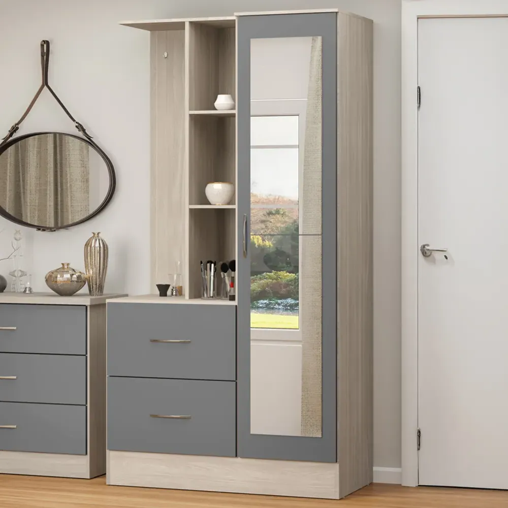 Nevada Single Door 2 Drawer Open Shelf Wardrobe - Grey, Oak