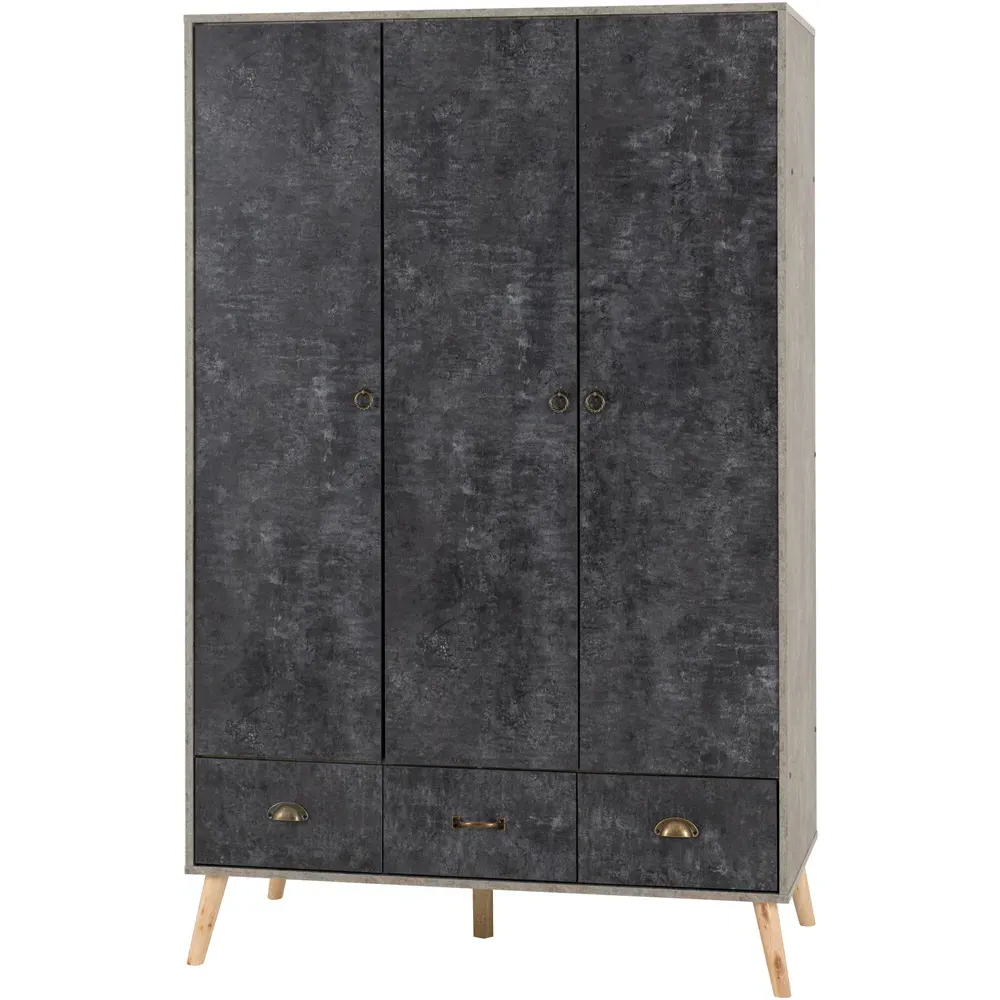 Nordic 3 Door 3 Drawer Wardrobe - Grey, Concrete Effect
