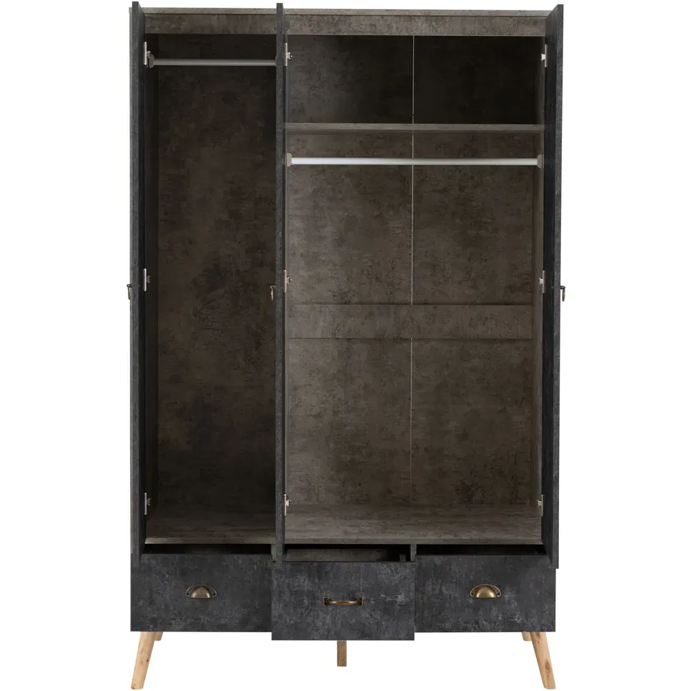 Nordic 3 Door 3 Drawer Wardrobe - Grey, Concrete Effect