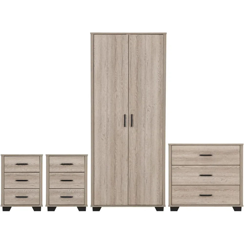 Oliver 4 Piece Bedroom Furniture Set with 2-Door Wardrobe - Brown