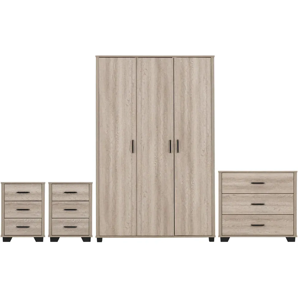 Oliver 4 Piece Bedroom Furniture Set with 3-Door Wardrobe - Brown