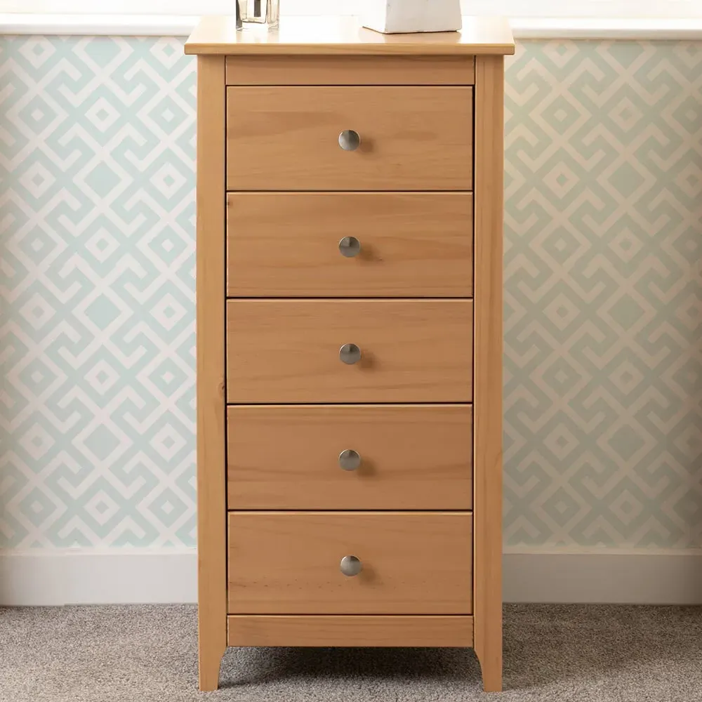 Oslo 5 Drawer Narrow Chest of Drawers - Brown, Pine image