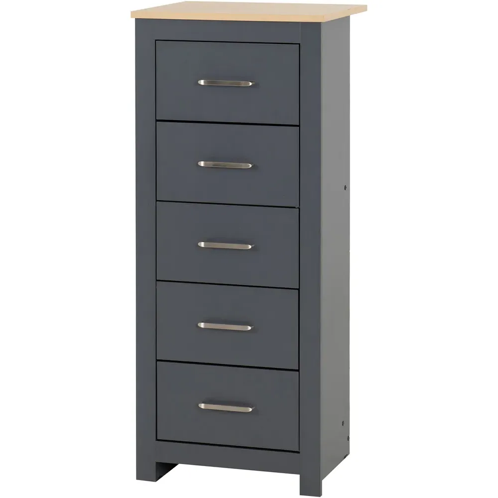 Portland 5 Drawer Narrow Chest of Drawers - Grey, Oak