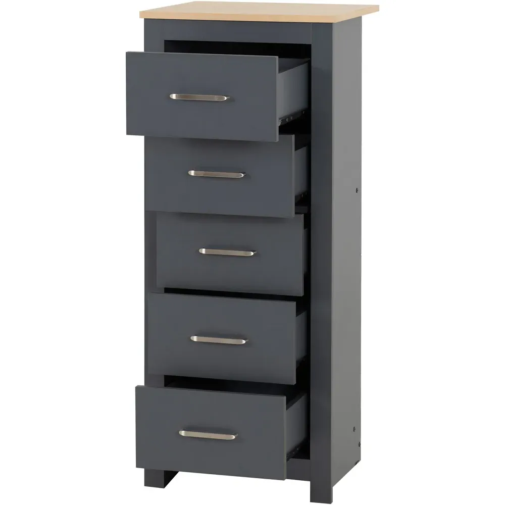Portland 5 Drawer Narrow Chest of Drawers - Grey, Oak