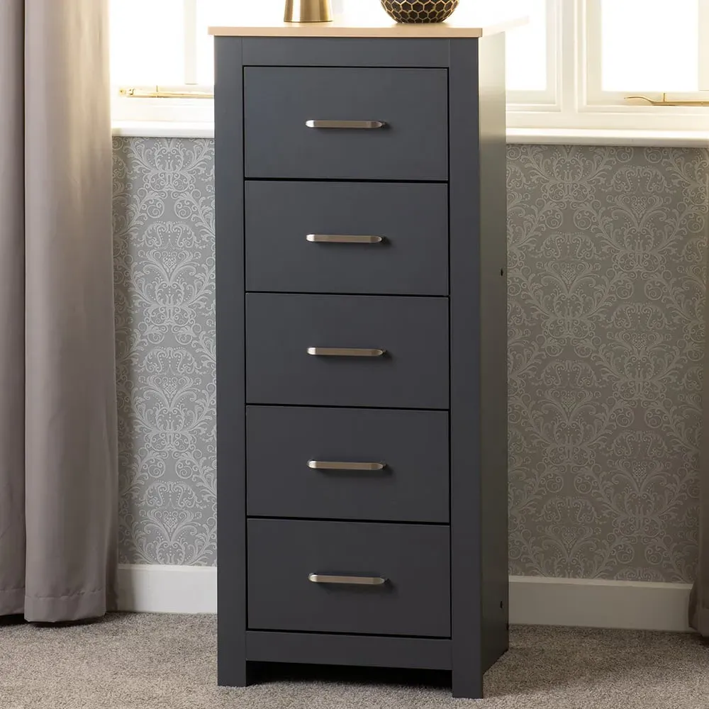 Portland 5 Drawer Narrow Chest of Drawers - Grey, Oak