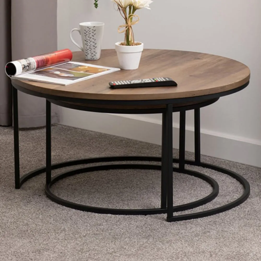 Quebec Round Nest of Tables Set of 2 - Brown, Oak Effect
