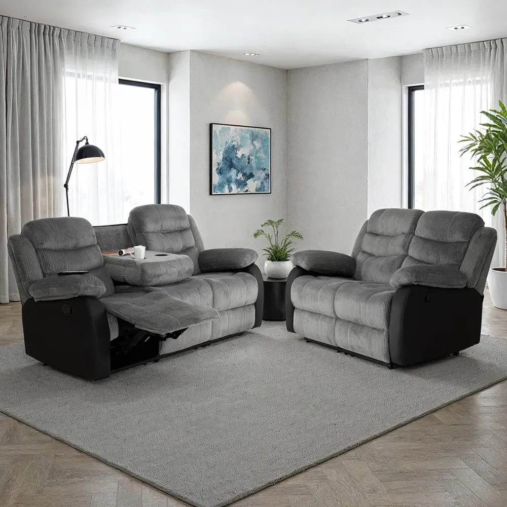Roma 5-Seater Sofa Set with USB Charging - Grey Cord, Black PU