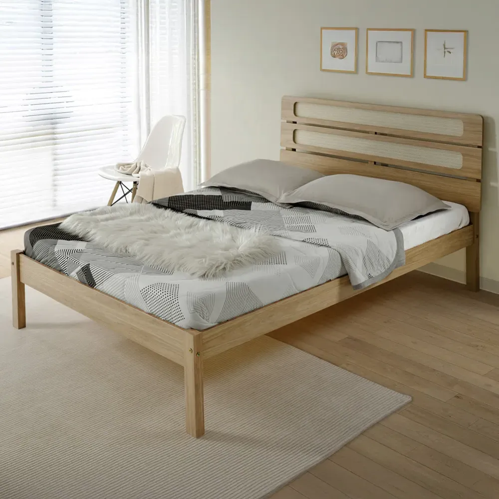 Santana King Size Bed Frame - Light Oak, Rattan Effect