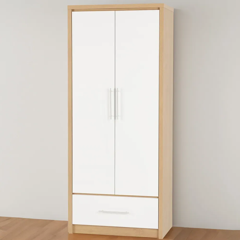 Seville 2 Door Single Drawer Wardrobe - White, Oak Effect