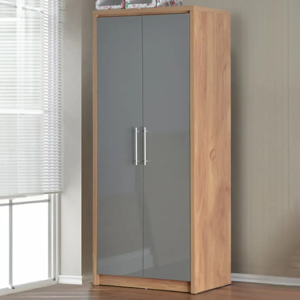Seville 2 Door Wardrobe - Grey, Light Oak Veneer