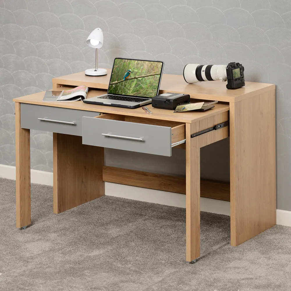 Seville 2 Drawer Slider Desk - Grey, Oak Effect