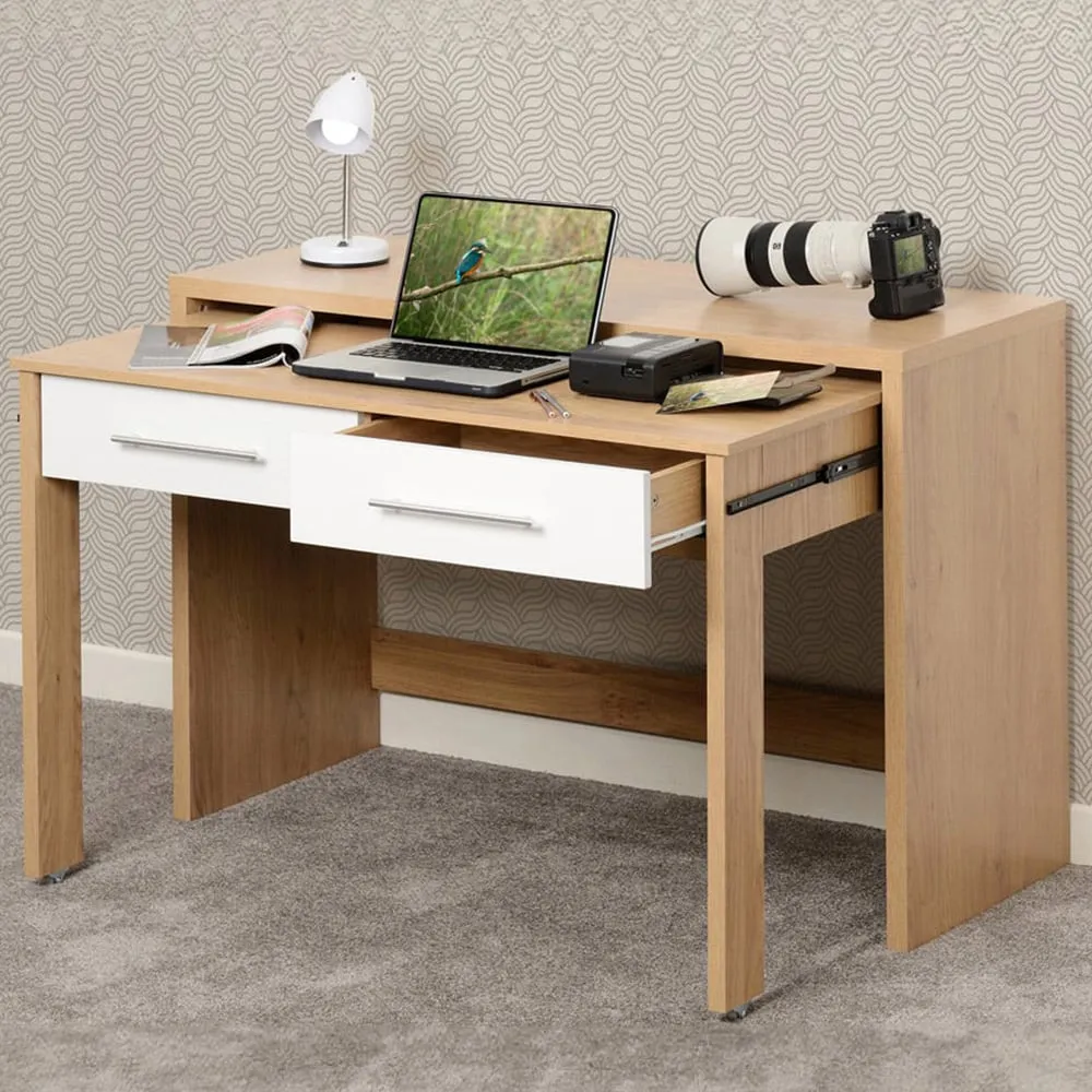 Seville 2 Drawer Slider Desk - White, Oak Effect