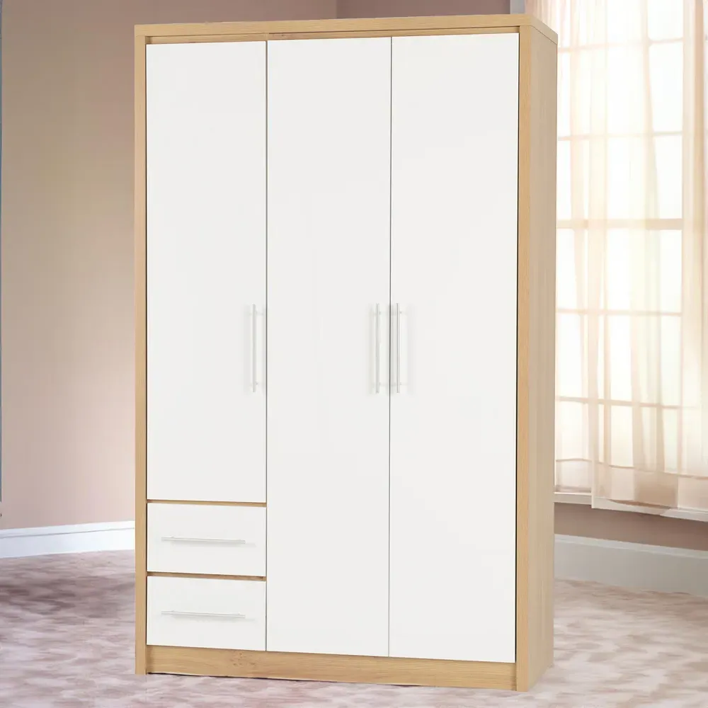 Seville 3 Door 2 Drawer Wardrobe - White, Oak Effect