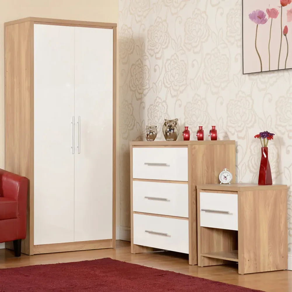 Seville 3 Piece Bedroom Furniture Set - White, Light Oak image