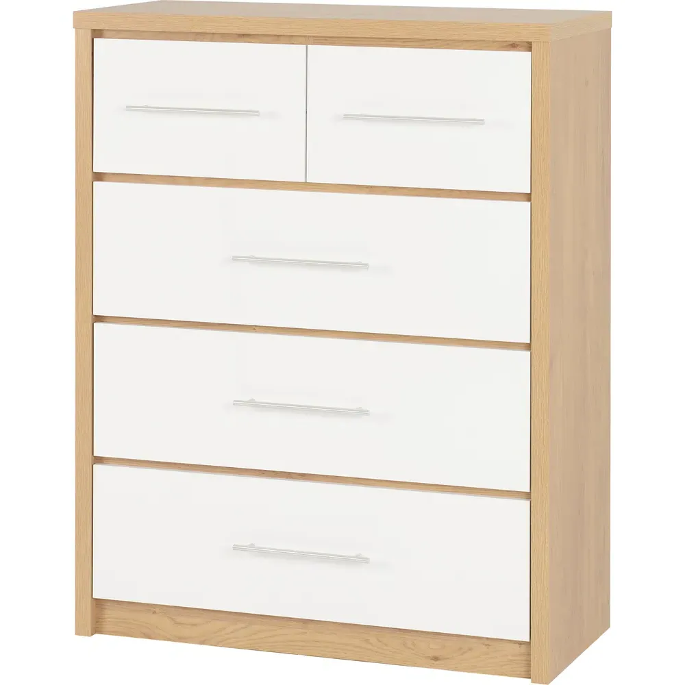 Seville 5 Drawer Chest of Drawers - White, Oak Effect