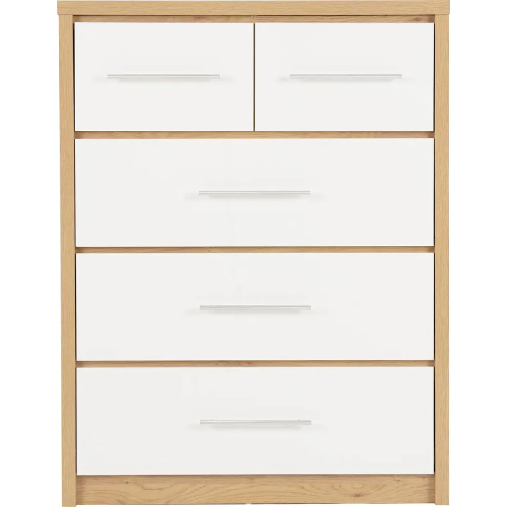 Seville 5 Drawer Chest of Drawers - White, Oak Effect