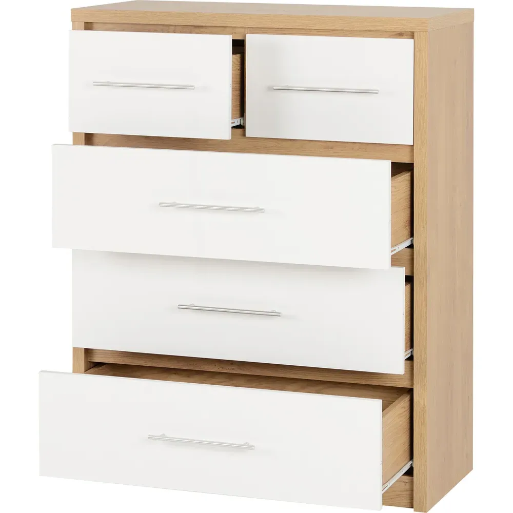Seville 5 Drawer Chest of Drawers - White, Oak Effect