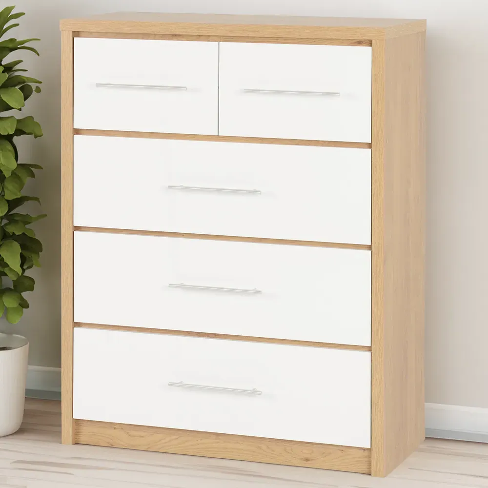 Seville 5 Drawer Chest of Drawers - White, Oak Effect