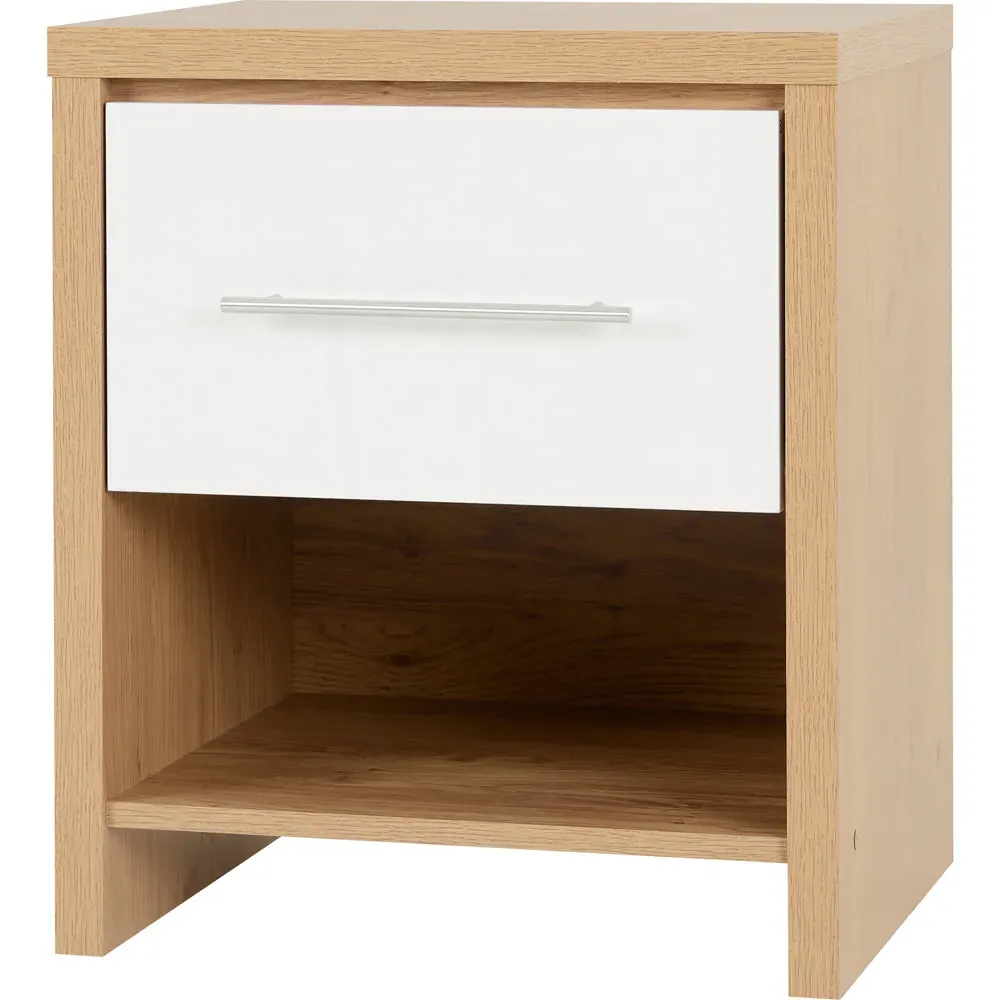 Seville Single Drawer Bedside Table - White, Oak Effect