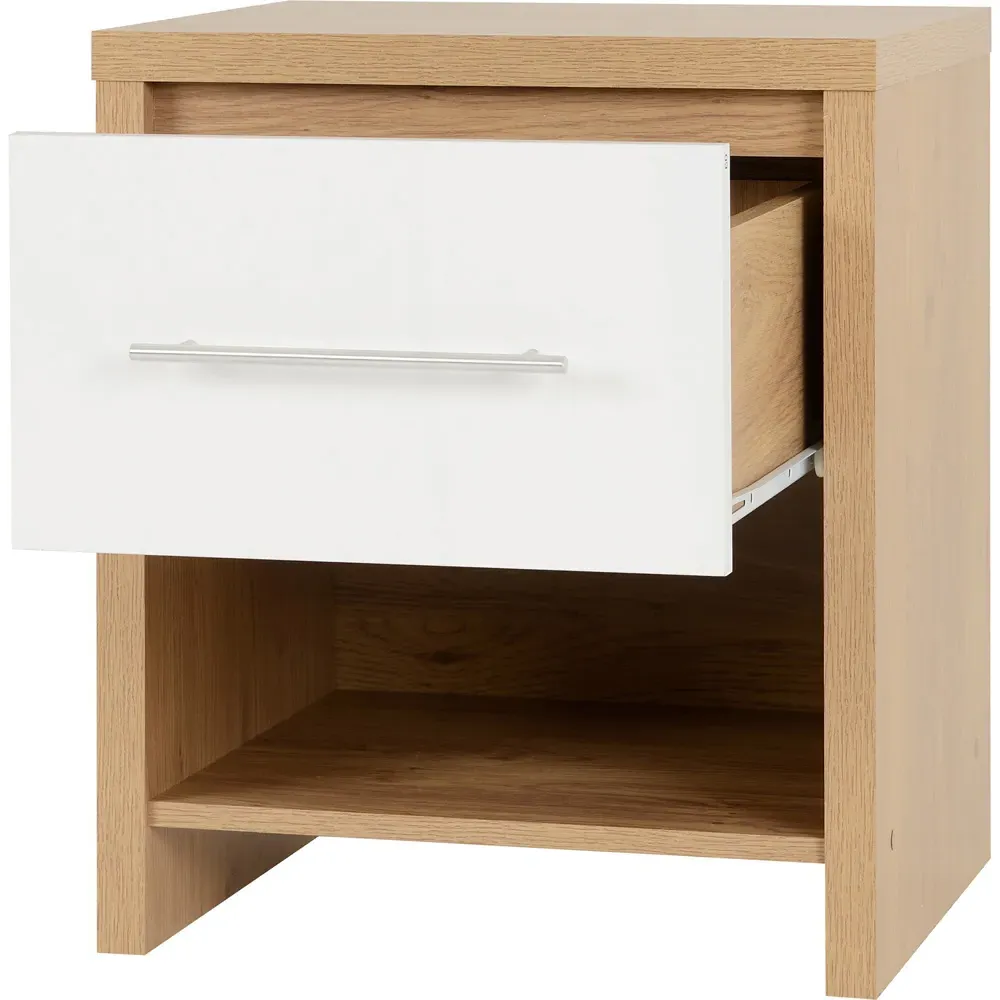 Seville Single Drawer Bedside Table - White, Oak Effect