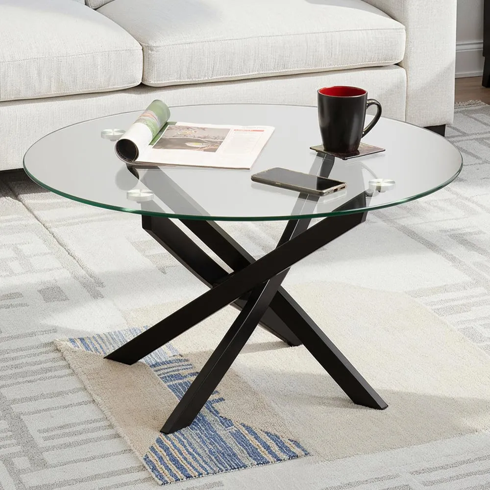 Sheldon Round Coffee Table - Clear Glass, Black Metal