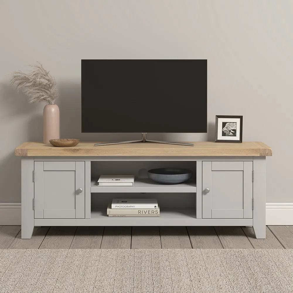 Windsor 2 Door TV Unit with Storage - Pebble Grey, Oak