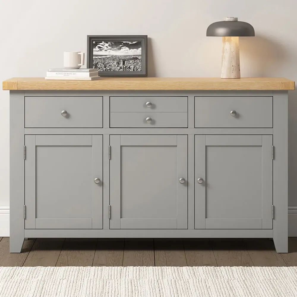 Windsor 3 Door 3 Drawer Sideboard - Pebble Grey, Oak