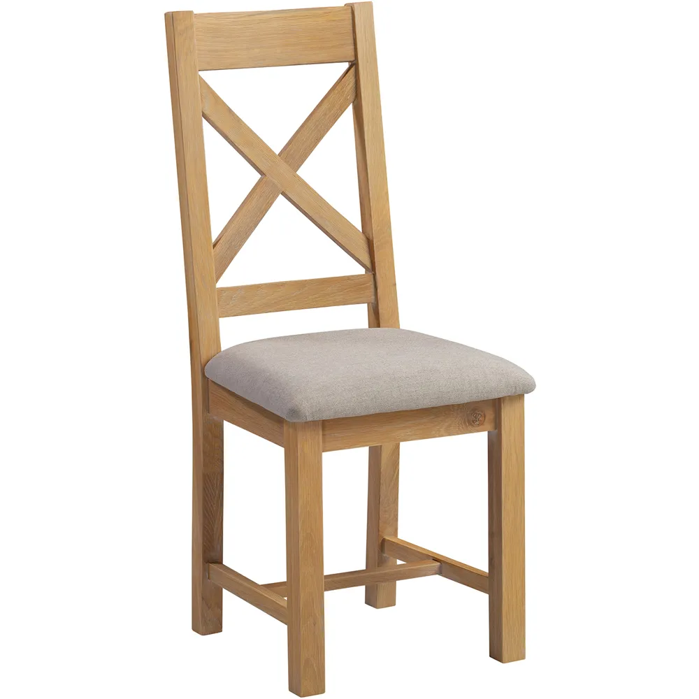 Windsor Set of 2 Cross Back Dining Chairs - Natural Oak, Oat Fabric