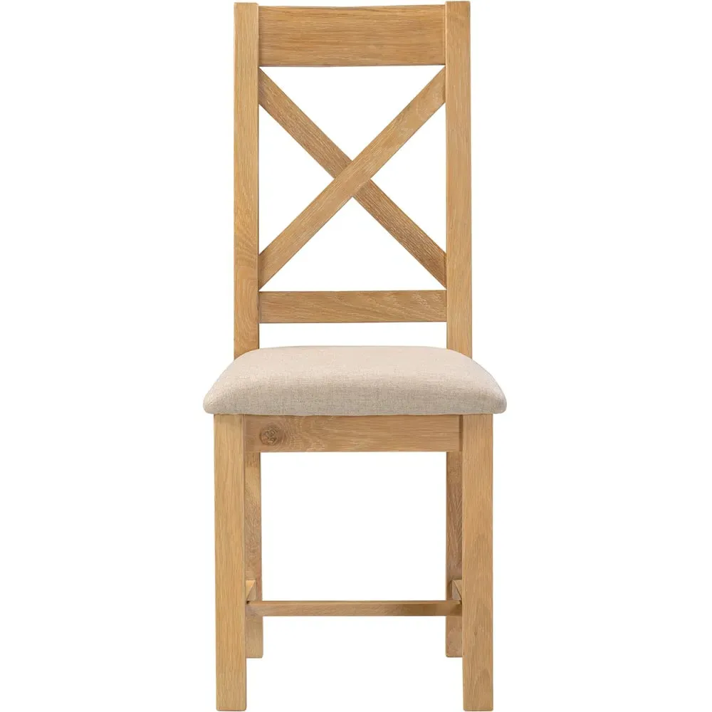 Windsor Set of 2 Cross Back Dining Chairs - Natural Oak, Oat Fabric