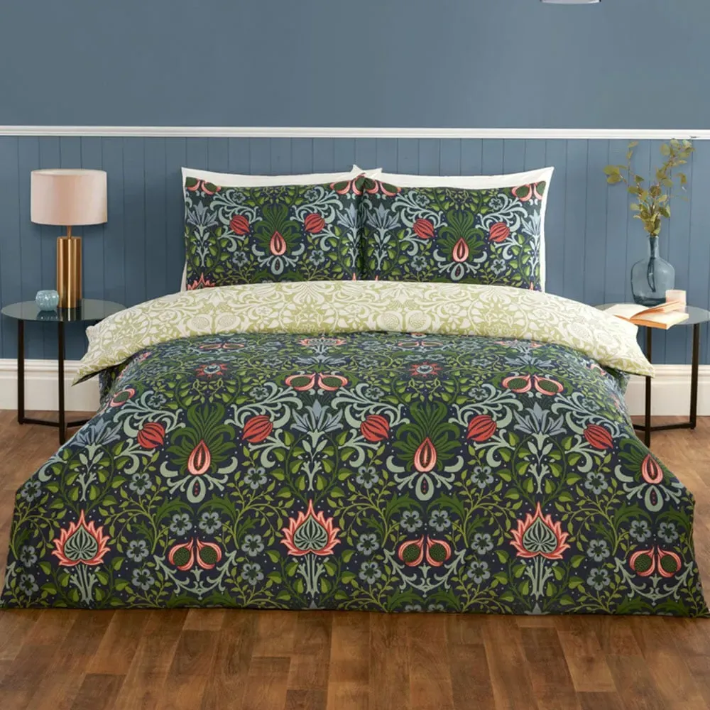 Heritage Flora King Size Duvet Cover Set - Blue, Microfibre