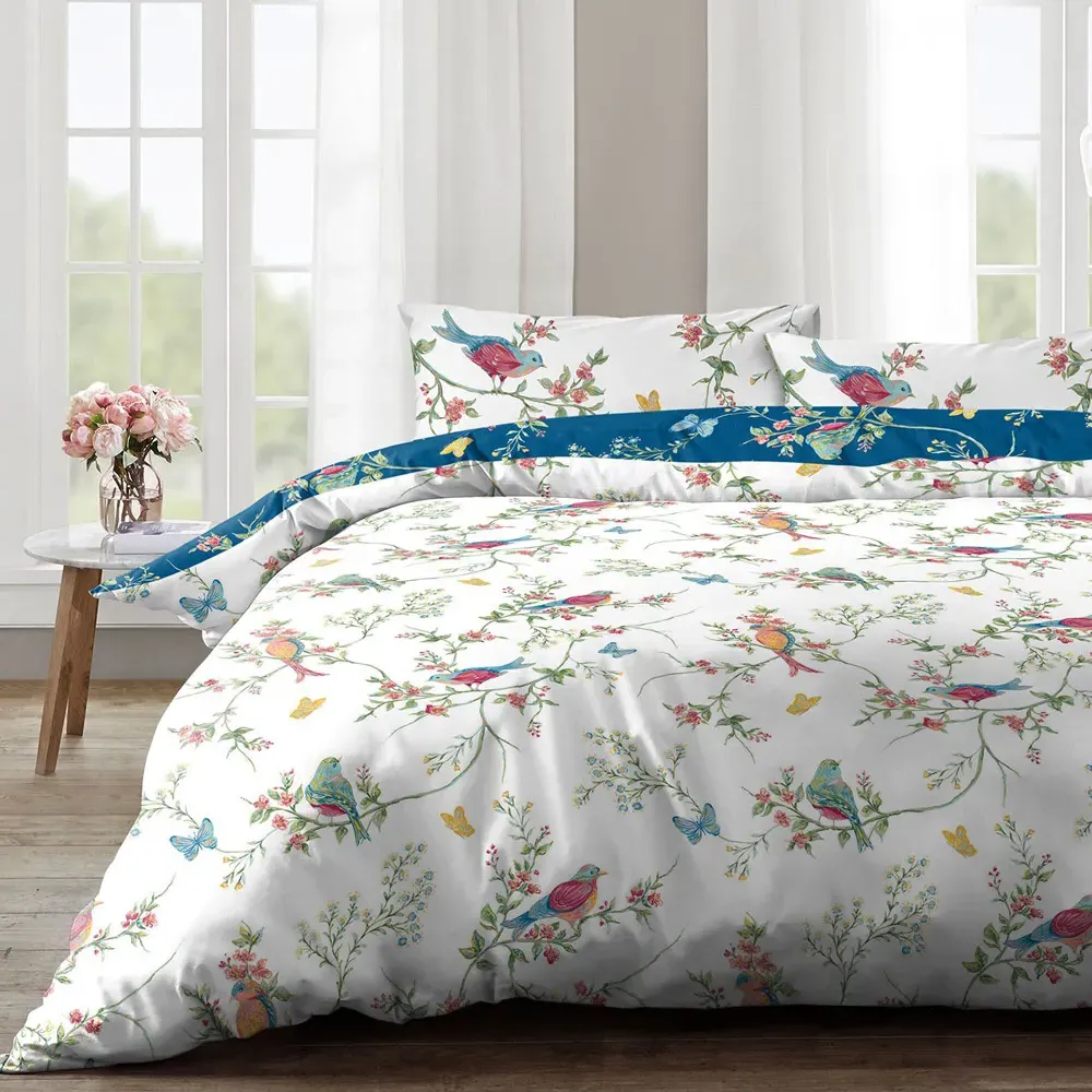 Velosso EasyCare King Size Birds Floral Reversible Duvet Set - Blue