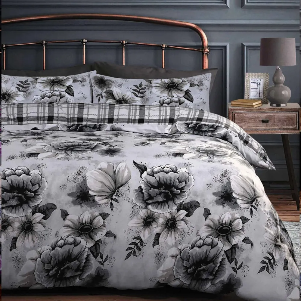 Velosso EasyCare King Size Floral Reversible Duvet Set - Grey