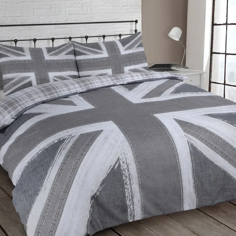 Velosso EasyCare King Size Union Jack Reversible Duvet Set - Grey
