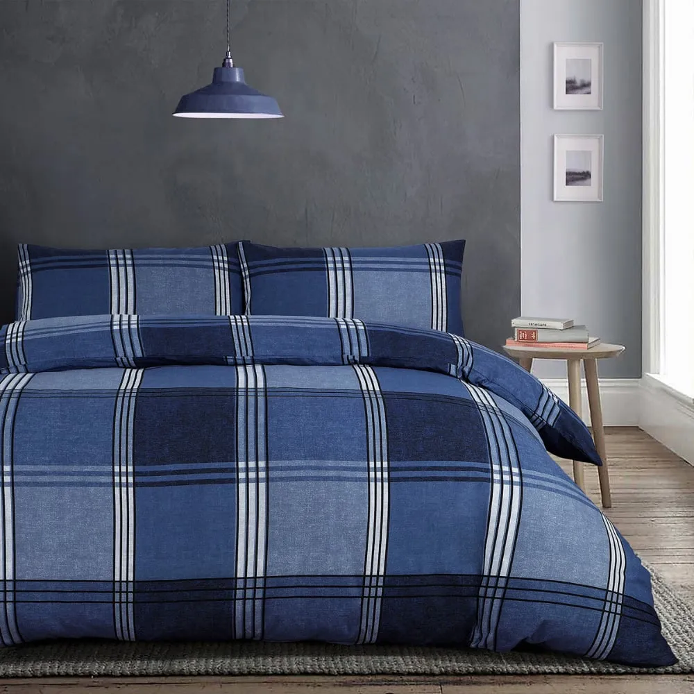 Velosso Hamilton Double Check Duvet Set - Blue, Polycotton