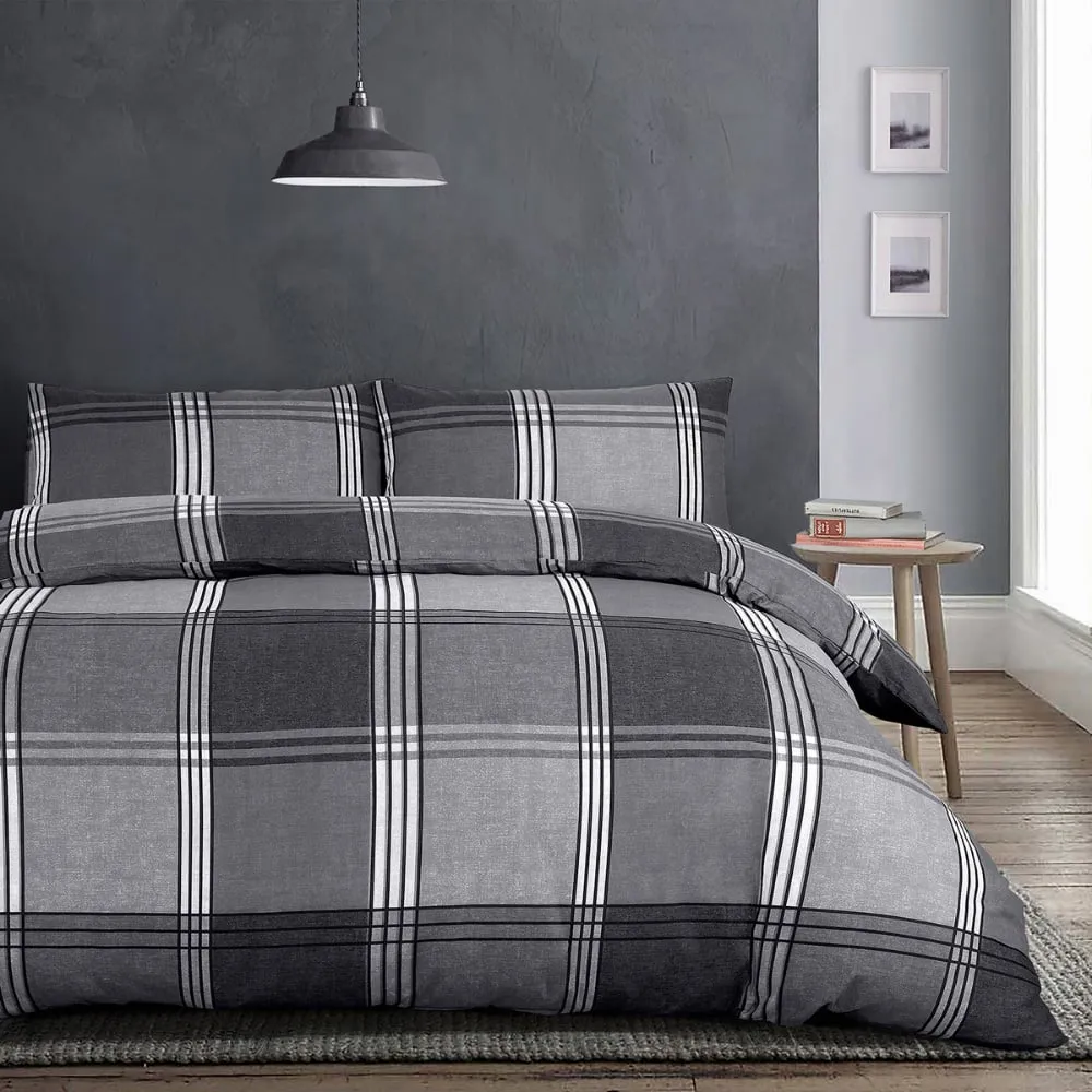 Velosso Hamilton Double Check Duvet Set - Grey, Polycotton