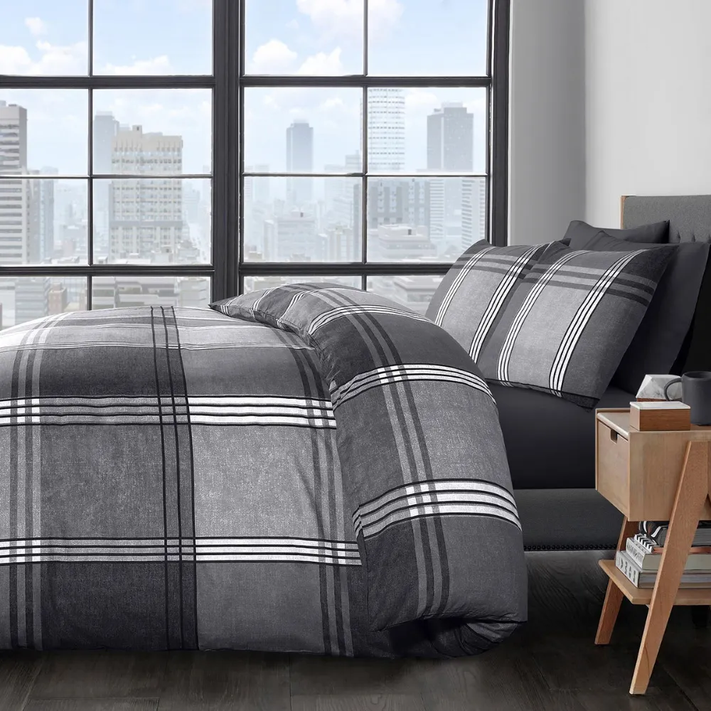 Velosso Hamilton King Size Check Duvet Set - Grey