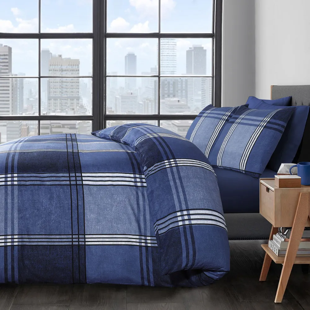 Velosso Hamilton Single Check Duvet Set - Blue, Polycotton