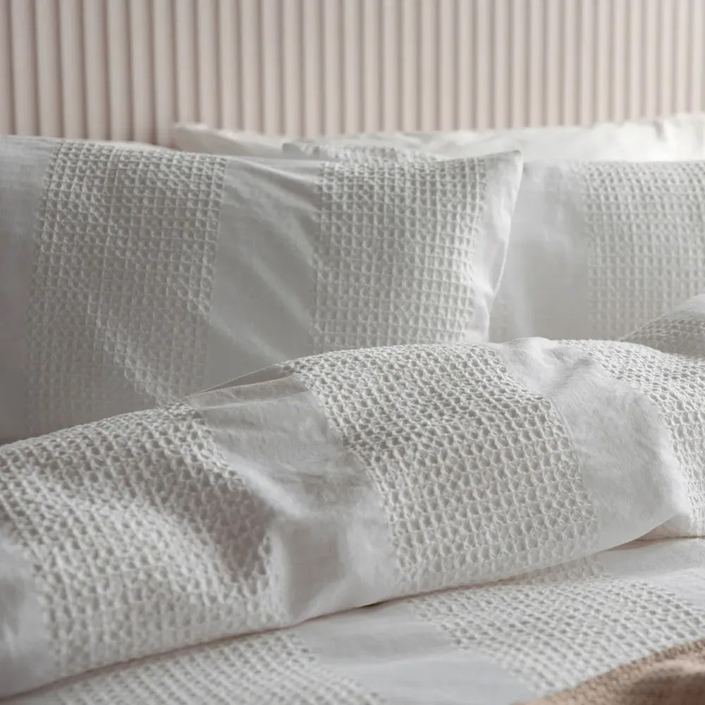 Waffle Stripe King Size Duvet Set - White, Cotton