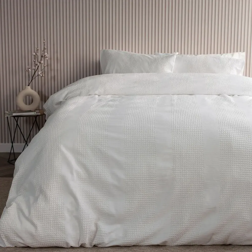 Waffle Stripe King Size Duvet Set - White, Cotton