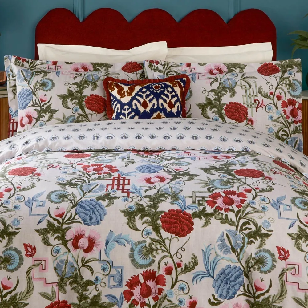 Ishana Double Reversible Floral Duvet Set - Red, Cotton