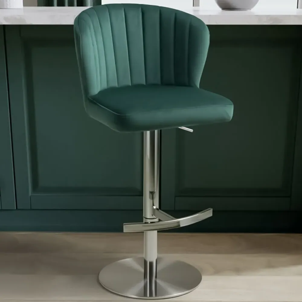 Sigma Adjustable Bar Stool - Green, Brushed Velvet
