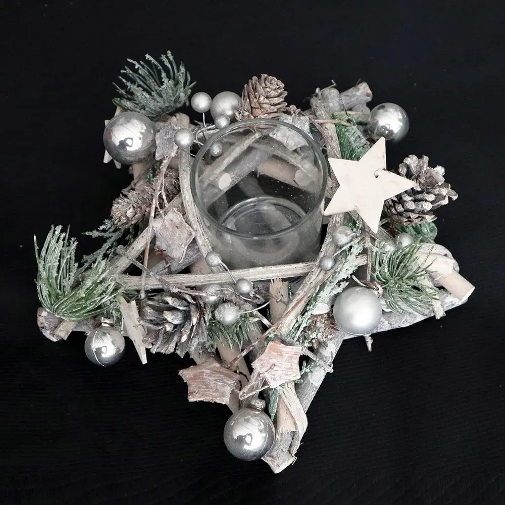Star Shaped Wooden Candle Holder - Silver