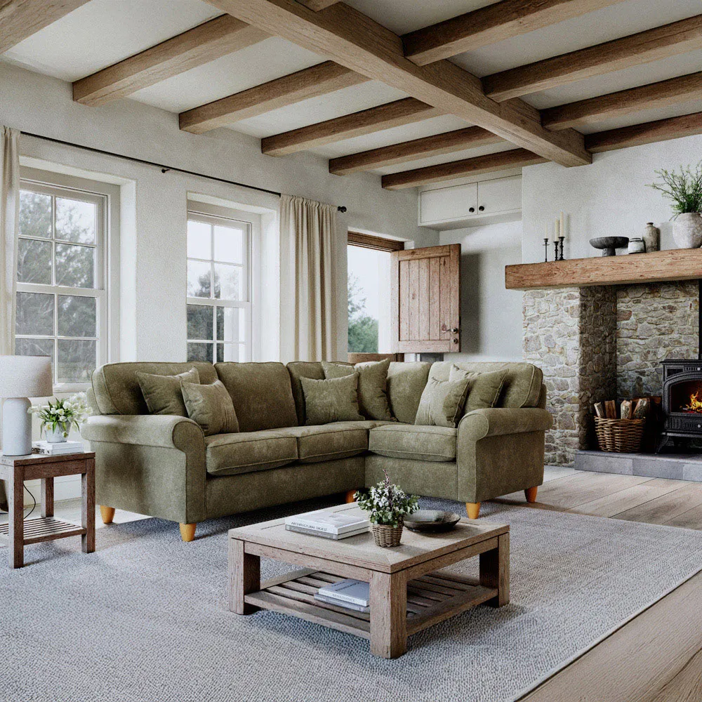 3-Seater Left Hand Corner Sofa - Green, Chenille