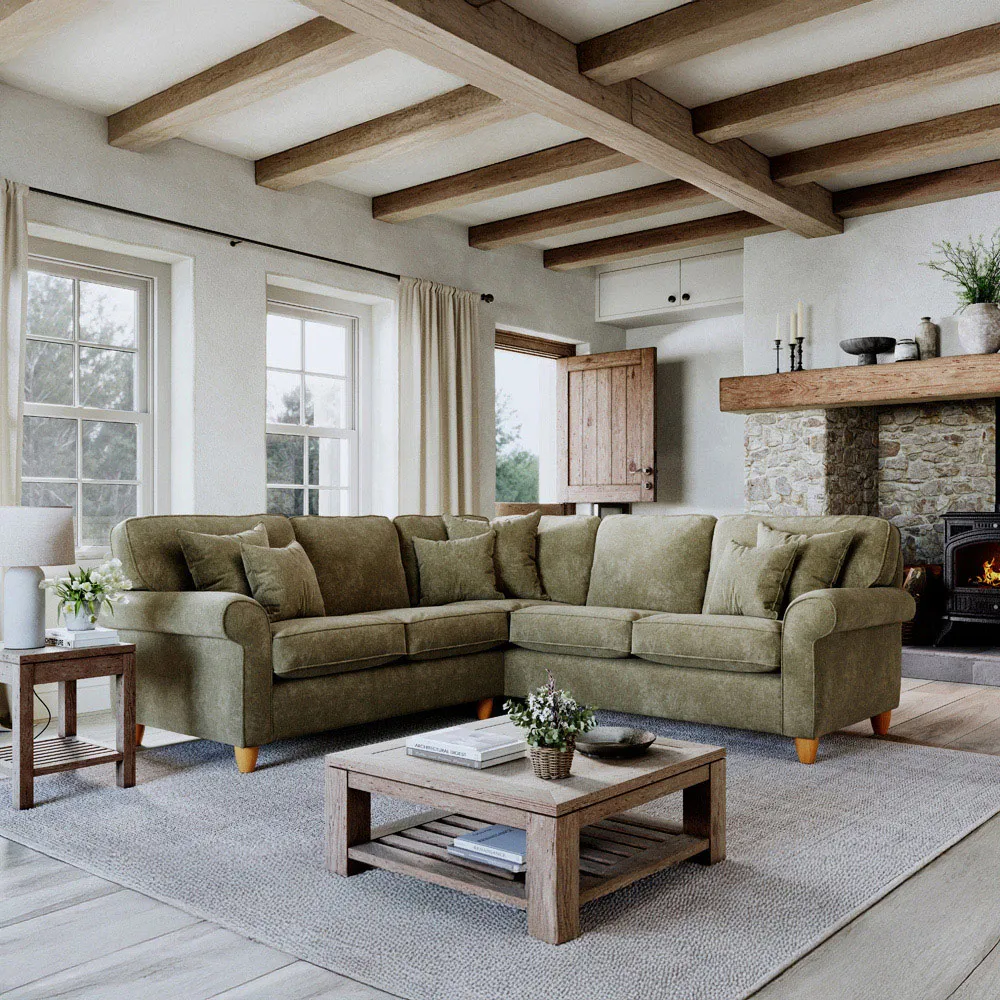 4-Seater Left Hand Corner Sofa - Green, Chenille