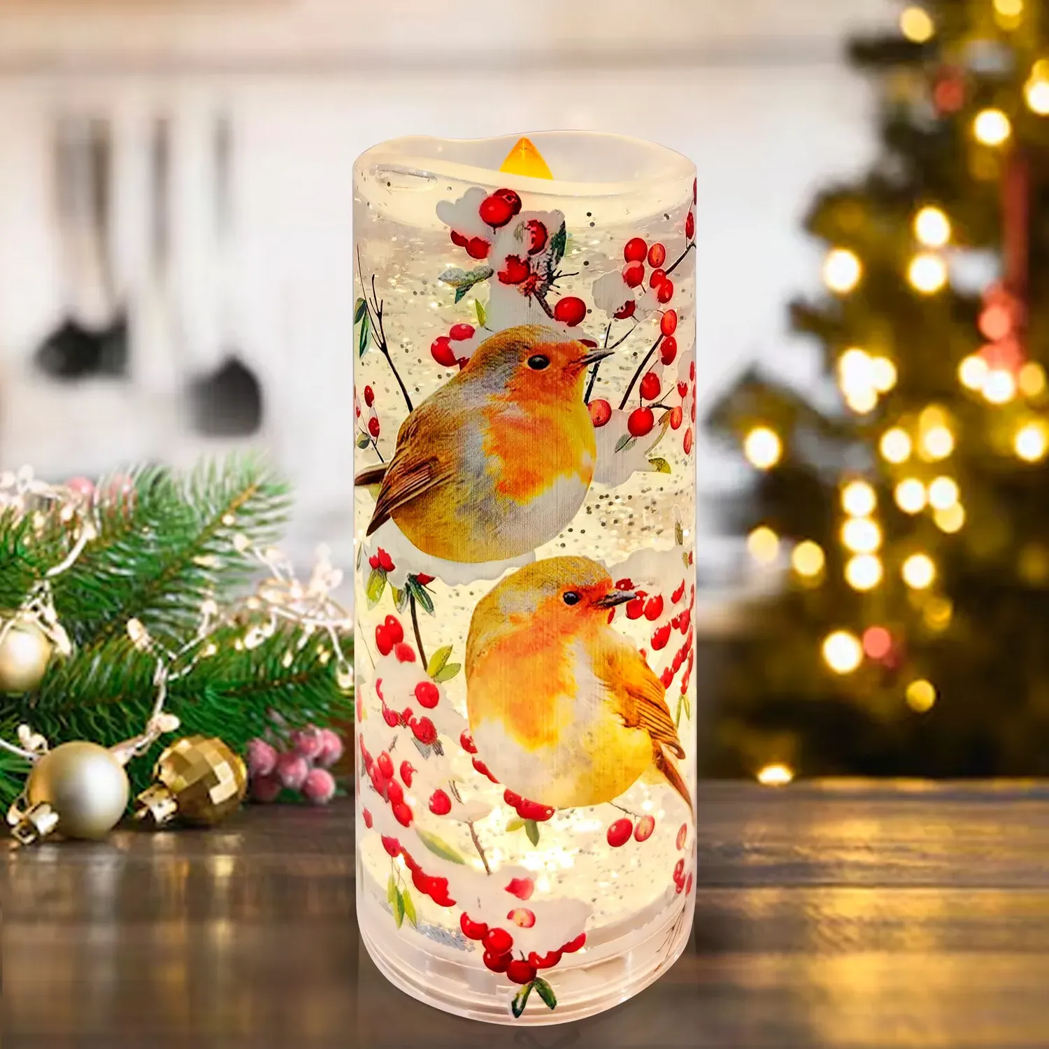 Robin Glitter Spinning LED Candle - Multicolour