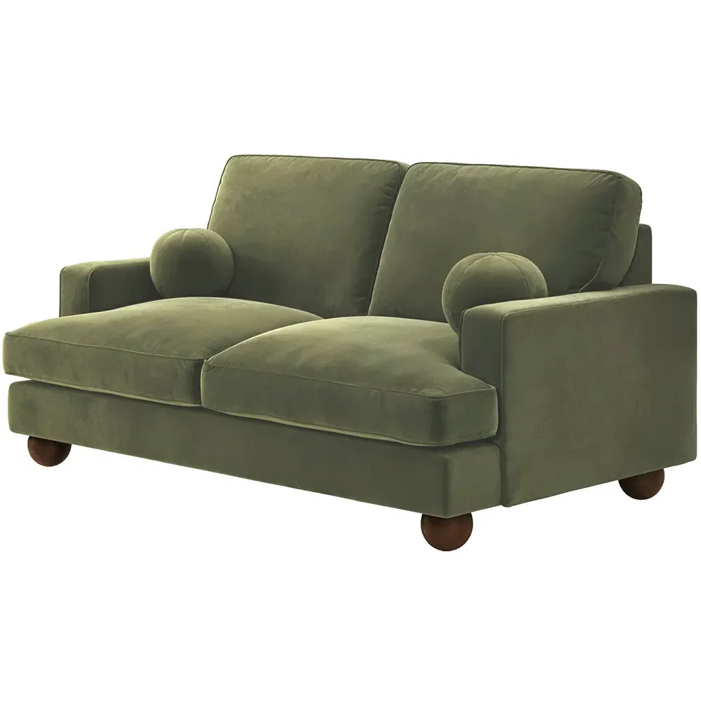 Addison 2-Seater Sofa with Ball Feet - Khaki Green, Velvet